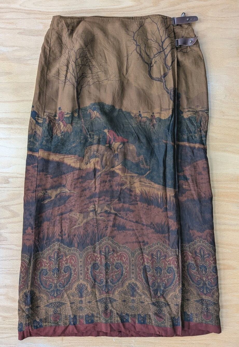 Vintage Ralph Lauren Equestrian Horse Fox & Hounds Hunt Wool Wrap Maxi Skirt 14